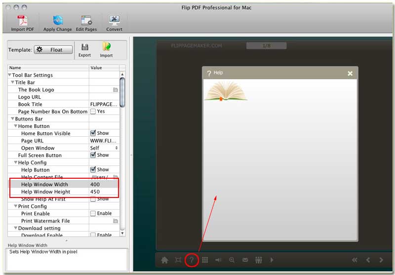 How to setup the help container width and height FlipBook Creator for MAC