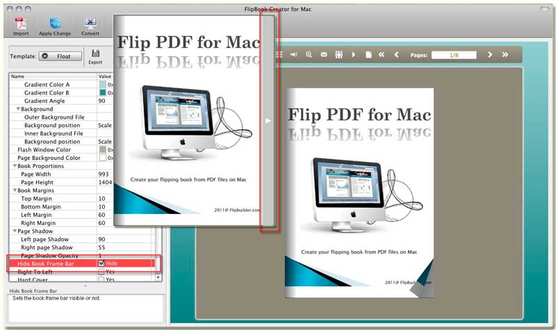 FlipBook Creator for MAC enable you hide the book page frame bar the translucent white edge.
