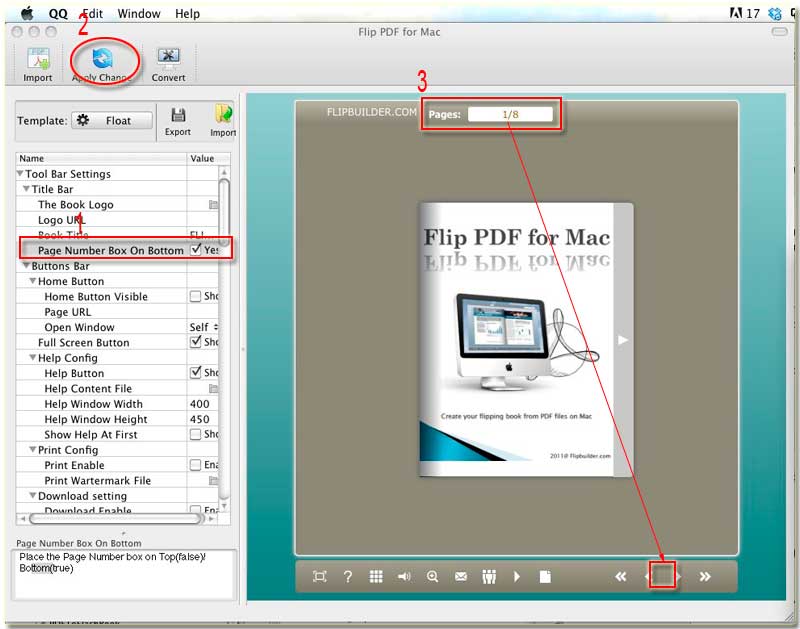 FlipBook Creator for MAC move the top page number box to bottom (Classical template type)