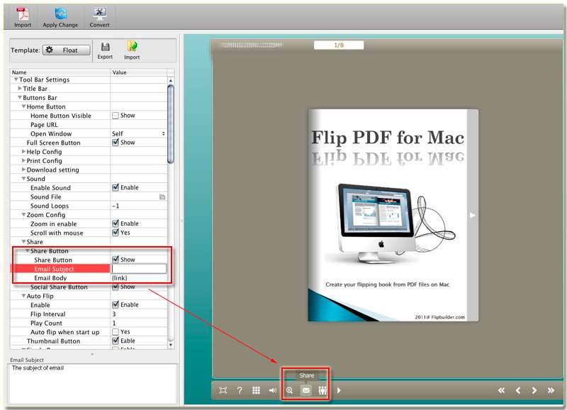 The mechanism of Share button on the flipbook created by FlipBook Creator for MAC