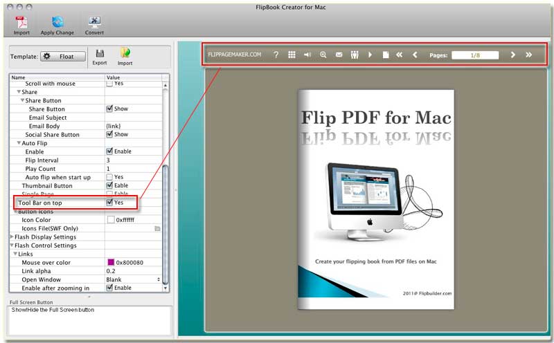 FlipBook Creator for MAC move the tool bar of classical template to the top.
