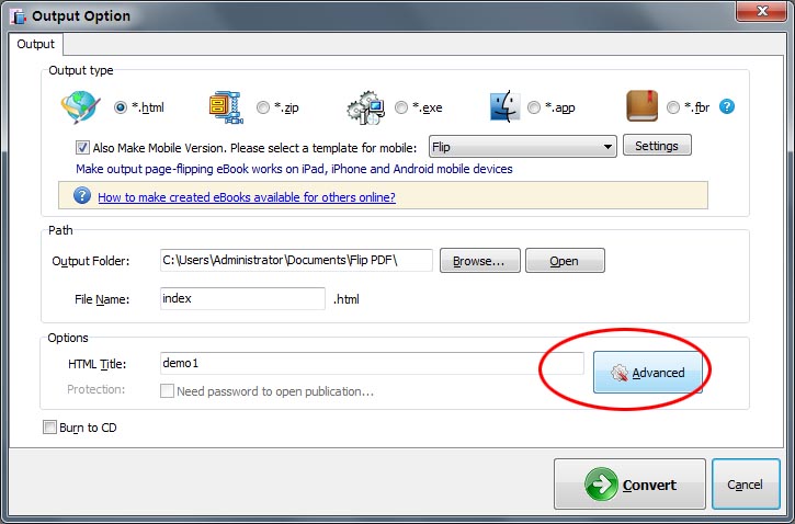choose Publish flipbook as Drupal plug-in, define output folder and file name