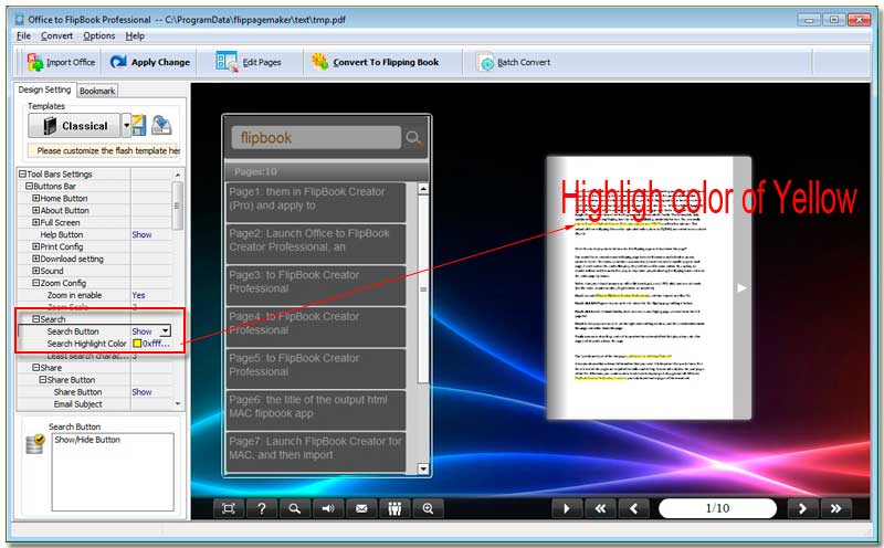 Office to FlipBook Creator Professional enables you to custom search result highlight color