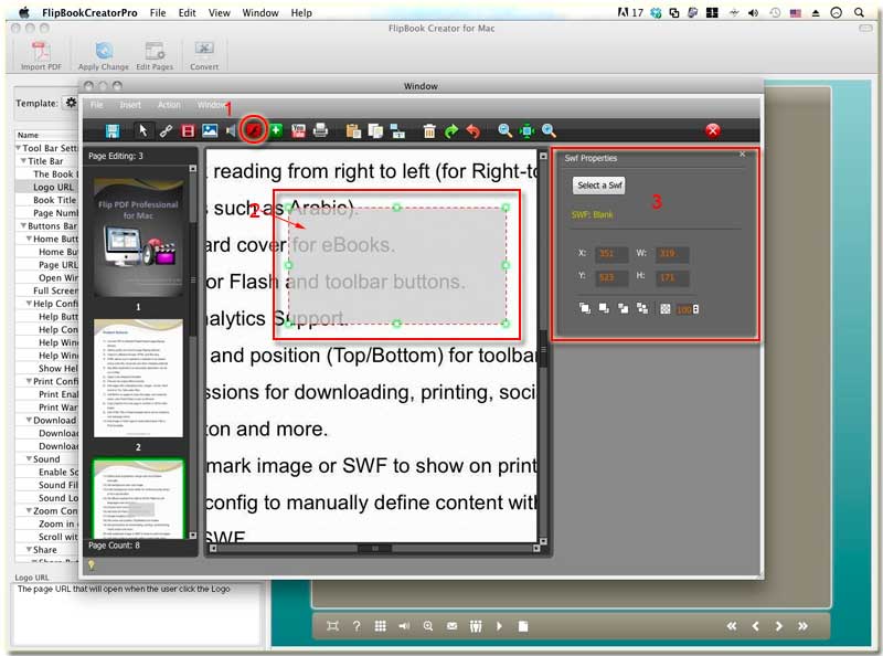 FlipBook Creator Professional for MAC embeding flash SWF file in the flipping pages