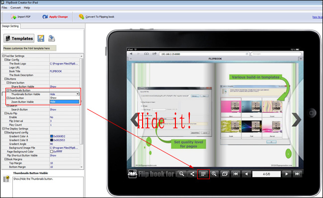 FlipBook Creator for iPad hide the thumbnail button